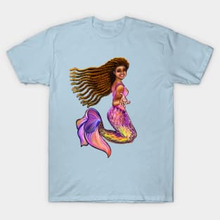 Best mermaid gifts 2022. Mermaid  with rainbow coloured colored fins, braids, outstretched  arm, brown eyes, Curly hair  and caramel brown skin - light background T-Shirt